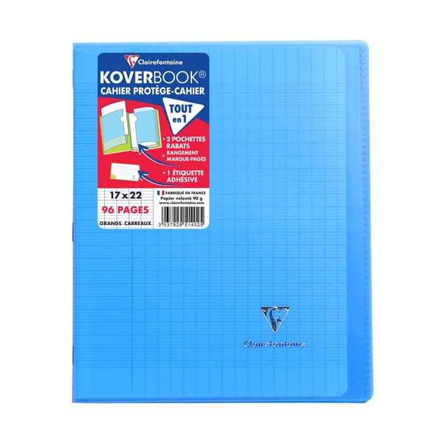 3037929514025 - Clairefontaine - Cahier Kover Book 17 x 22 cm grands carreaux bleu translucide