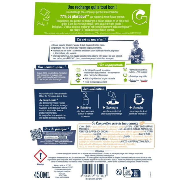 3383482295827 - Briochin - Recharge liquide vaisselle et main au savon noir et aux l'algues marine Ecocert