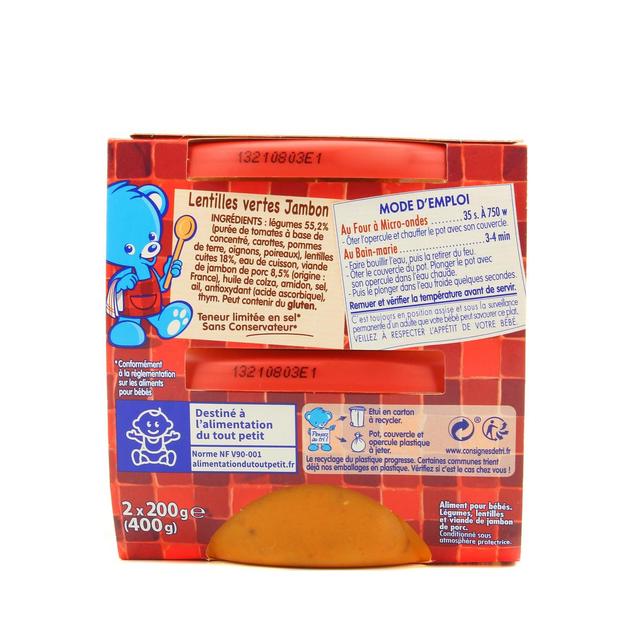 7613035837027 - Nestlé - P'tite Recette - Lentilles Vertes Jambon Bol Bébé Dès 12 mois