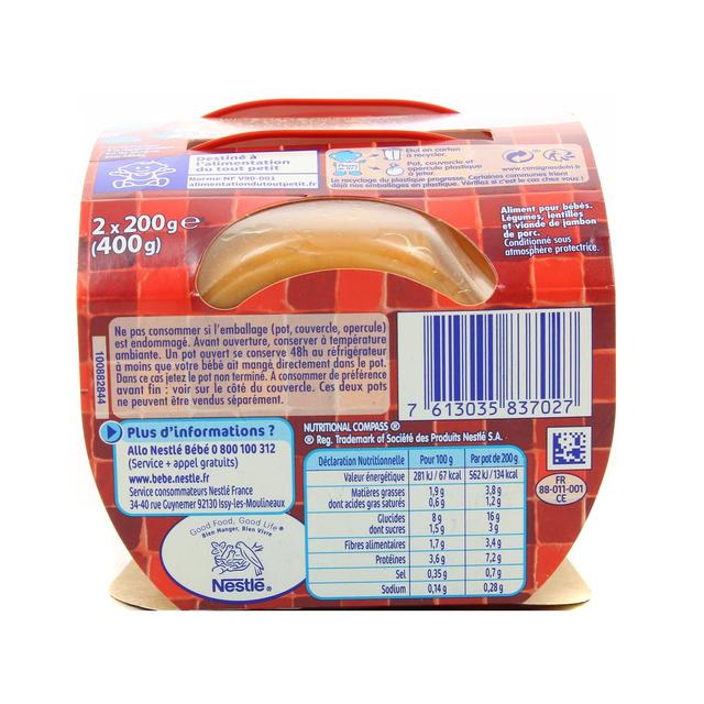 7613035837027 - Nestlé - P'tite Recette - Lentilles Vertes Jambon Bol Bébé Dès 12 mois