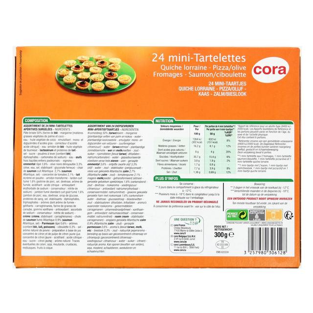 3257980306128 - Cora - 24 Mini tartelettes salées- 4 recettes panachées Quiche Lorraine, Pizza-Olive, Saumon-Ciboulette, Fromages