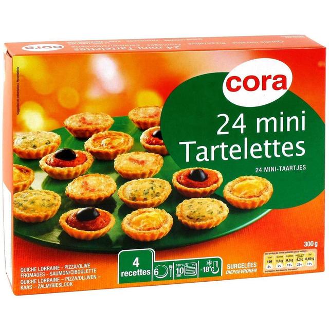3257980306128 - Cora - 24 Mini tartelettes salées- 4 recettes panachées Quiche Lorraine, Pizza-Olive, Saumon-Ciboulette, Fromages