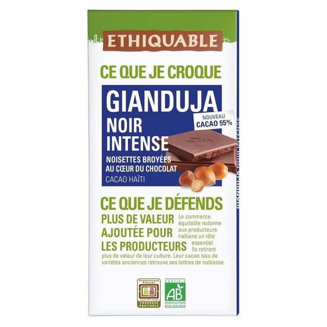 3760278866728 - Ethiquable - Commerce Equitable - Chocolat Gianduja Noir Intense 55% de cacao Bio d'Haïti