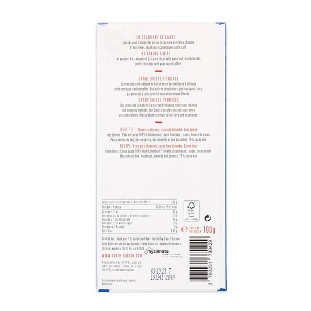 3760231780429 - Carré Suisse - Chocolat extra noir 70% Sélection de Colombie