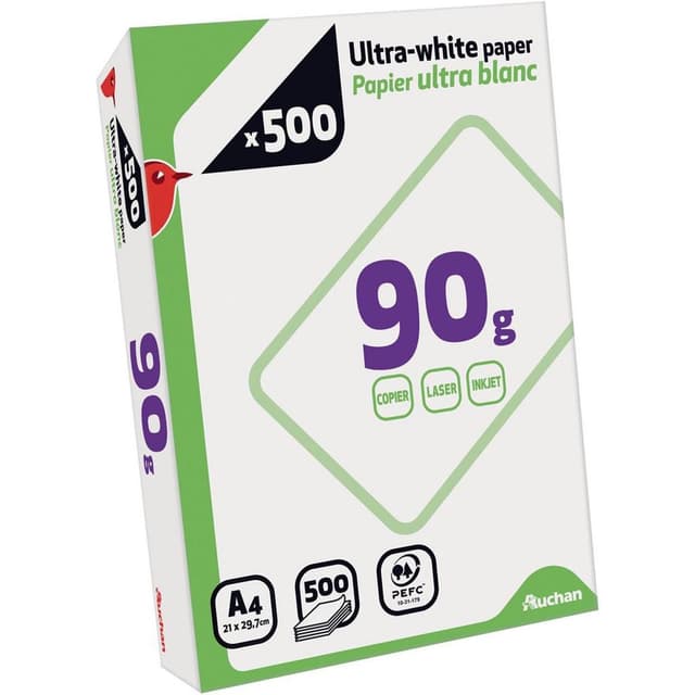 3254564852729 - Auchan - Ramette de papier 21x19,4cm A4 ultra blanc 90g/m²