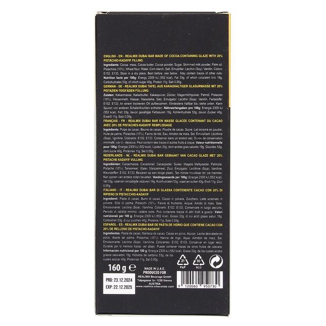9120060950730 - Realmix - Tablette de chocolat au lait dubai fourré à la pistache et aux cheveux d'anges