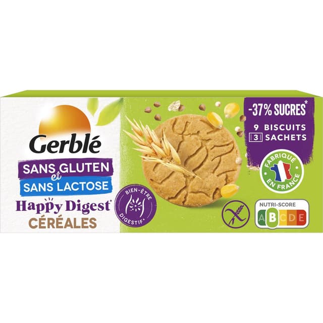 3175681302730 - Gerblé Sans Gluten Sans Lactose - 9 Biscuits Céréales Sans Gluten -37% de sucres en moins - Happy Digest