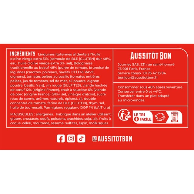 3701565400331 - Aussitôt Bon - Pasta Bolognese Della Mamma au Grana Padano Italiano