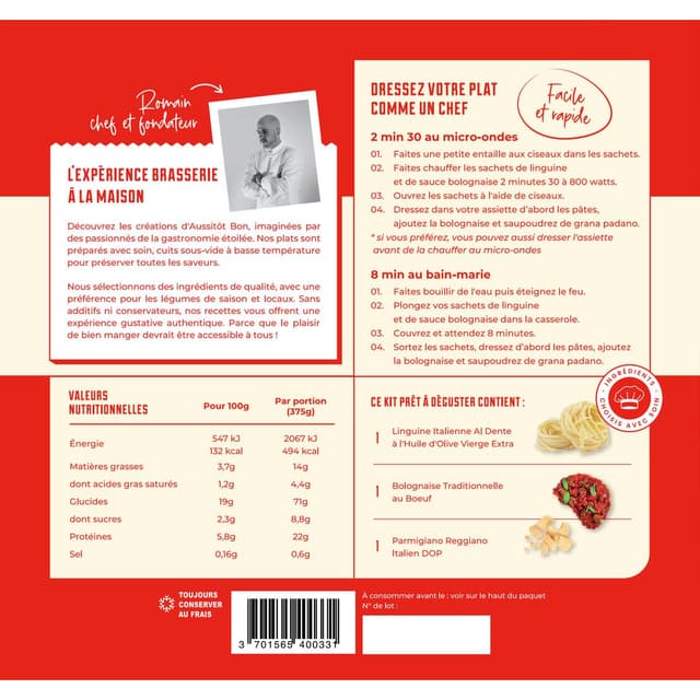 3701565400331 - Aussitôt Bon - Pasta Bolognese Della Mamma au Grana Padano Italiano