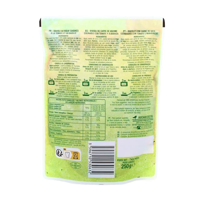 3596710530632 - Auchan - Ravioli au Boeuf Tomate Basilic Sachet Micro-ondes