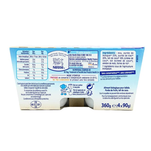 7613038334134 - Nestlé - P'tit Brassé - Dessert Végétal Bio Lait de Coco, Mangue, Kiwi Coupelle Bébé Dès 6 mois