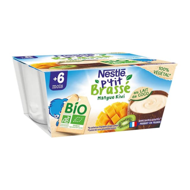 7613038334134 - Nestlé - P'tit Brassé - Dessert Végétal Bio Lait de Coco, Mangue, Kiwi Coupelle Bébé Dès 6 mois