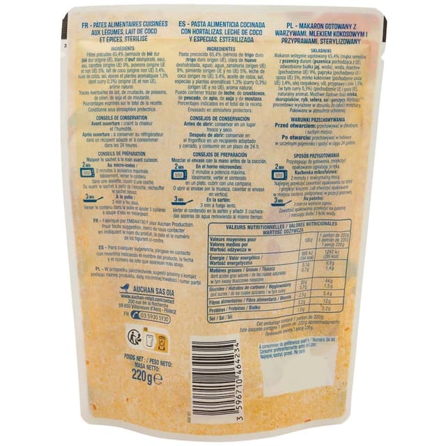 3596710464234 - Auchan - Pâtes au lait de coco et curry sachet micro-ondes express