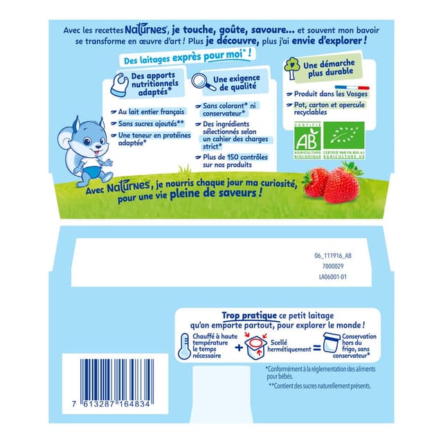 7613287164834 - Naturnes® - P'tit Brassé - Dessert Lacté Fraise Bio Coupelle Bébé Dès 6 mois