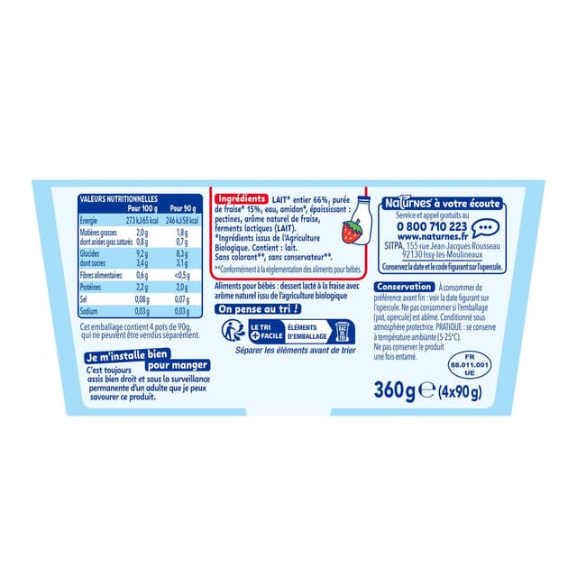 7613287164834 - Naturnes® - P'tit Brassé - Dessert Lacté Fraise Bio Coupelle Bébé Dès 6 mois