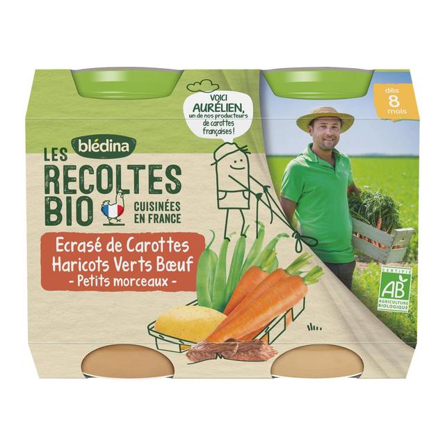 3041091701435 - Blédina - Les Récoltes Bio - Ecrasé de Carottes, Haricots Verts, Boeuf Bio Pots Bébé Dès 8 mois