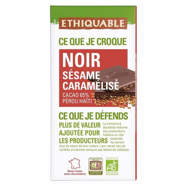 3760278866735 - Ethiquable - Commerce Equitable - Chocolat Noir Sesame 65% Cacao Bio du Pérou ou Haïti