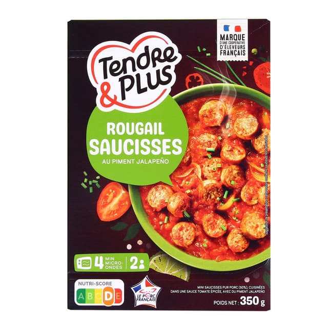 3265980158036 - Tendre & Plus - Rougail Saucisses pur porc sauce tomate piment jalapeño à cuire