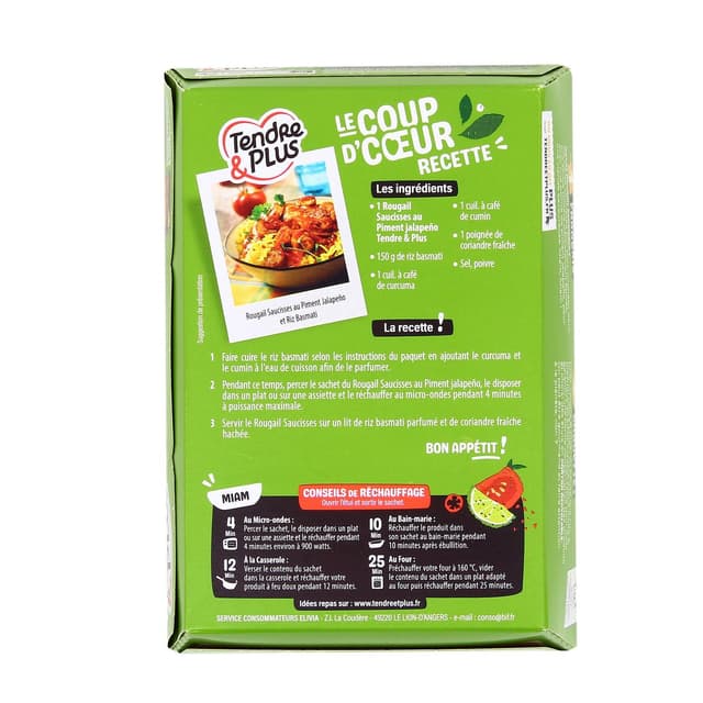 3265980158036 - Tendre & Plus - Rougail Saucisses pur porc sauce tomate piment jalapeño à cuire