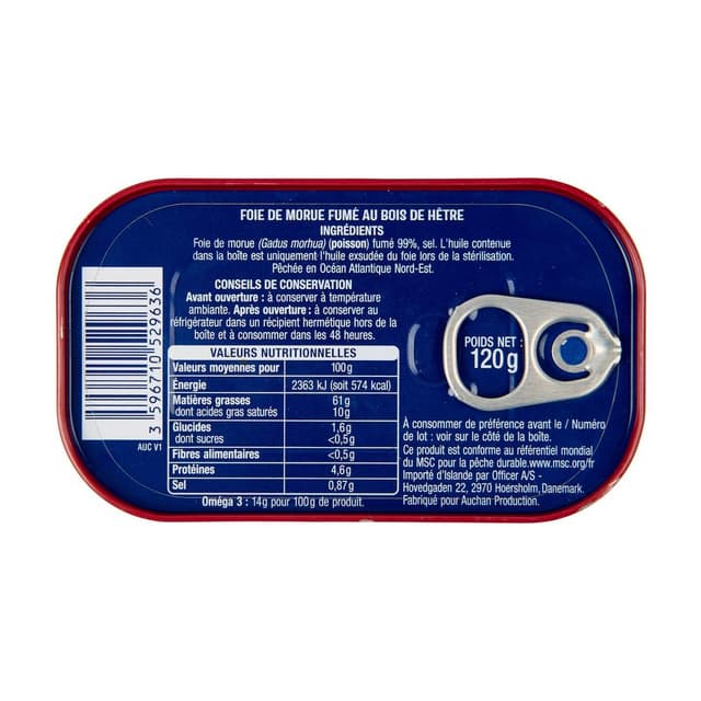 3596710529636 - Auchan - Foie de morue fumé au bois de hêtre MSC