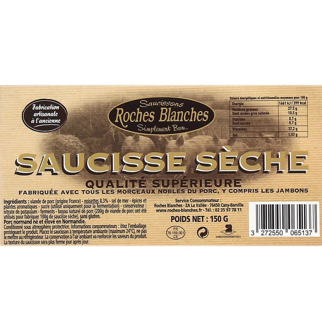 3272550065137 - Les Roches Blanches - Saucisse Sèche Pur Porc Normand Noisette