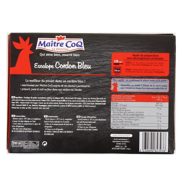 3230890843938 - Maître Coq - 2 Escalopes cordon bleu de poulet 2x100g