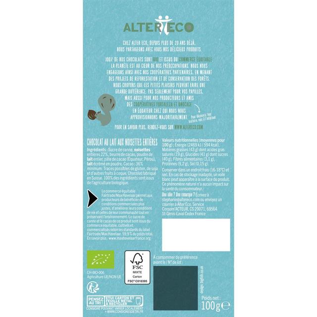 3700214610039 - Alter Eco - Commerce Equitable - Chocolat Lait et Noisettes entières 36% Cacao Bio d'Equateur ou Pérou