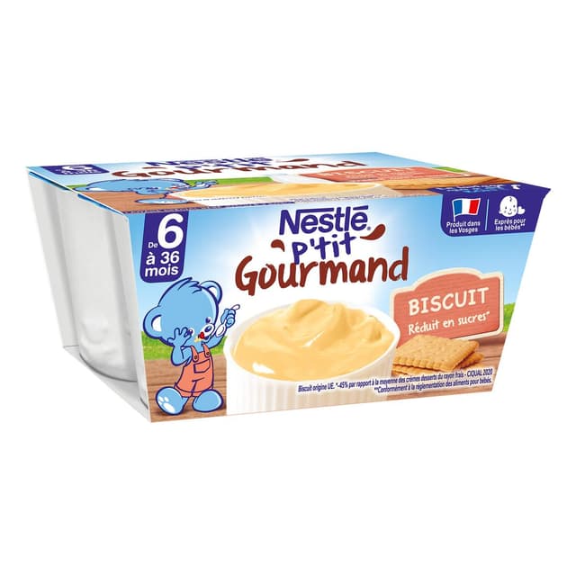 3033710036639 - Nestlé - P'tit Gourmand - Dessert Lacté Biscuit Coupelle Bébé Dès 6 mois