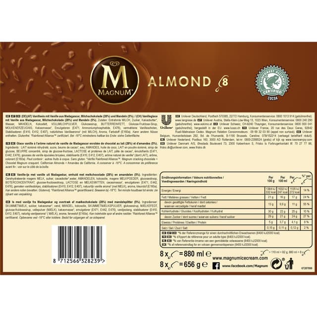8712566328239 - Magnum - 8 bâtonnets glacés Almond- Vanille chocolat au lait et Amande 8x110ml