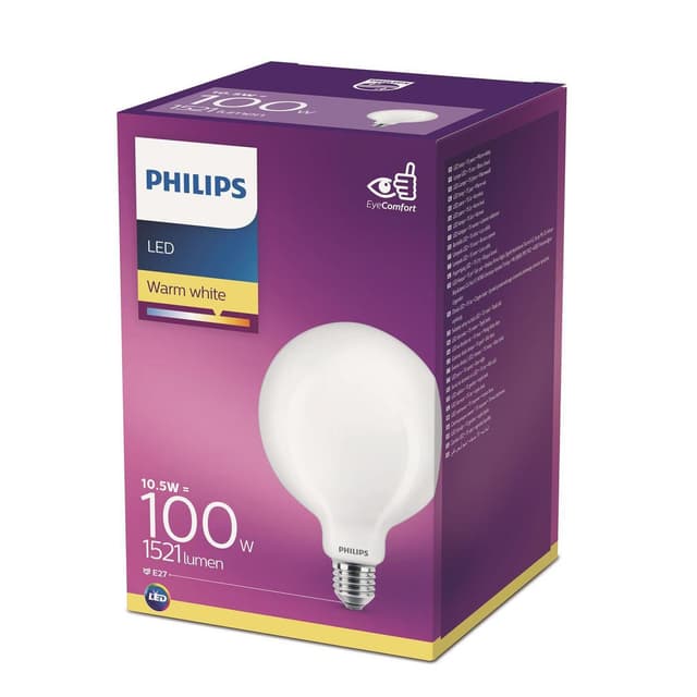 8718699665142 - Philips - Ampoule E27-10,5W LED Globe Dépolie Blanc Chaud