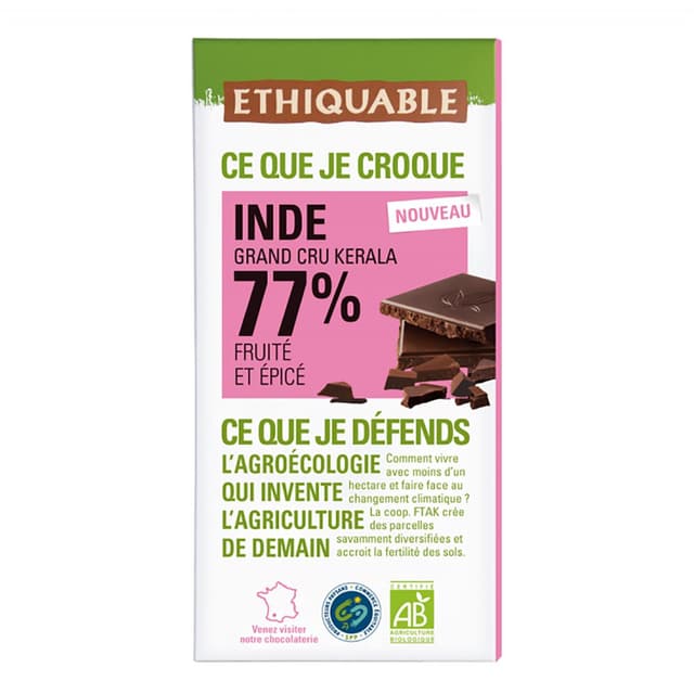 3760278868944 - Ethiquable - Commerce Equitable - Chocolat noir Cacao 77% du Kerala Bio