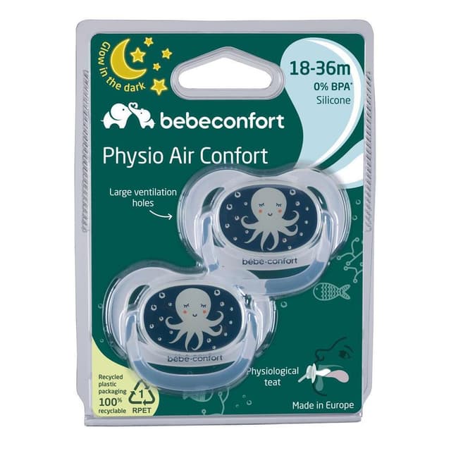 3220660326945 - Bébé Confort - 2 Sucettes 18-36 mois Physio Air Confort en Silicone Bleu Phosphorescente