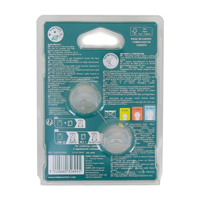 3220660326945 - Bébé Confort - 2 Sucettes 18-36 mois Physio Air Confort en Silicone Bleu Phosphorescente