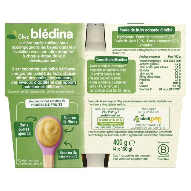 3041091400246 - Blédina - Pommes, Kiwis, Ananas Coupelle Bébé Dès 8 mois