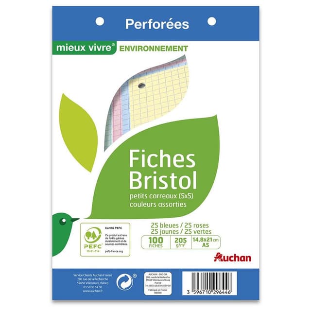 3596710296446 - Auchan - Fiches bristol perforées couleurs assorties A5 14,8x21cm