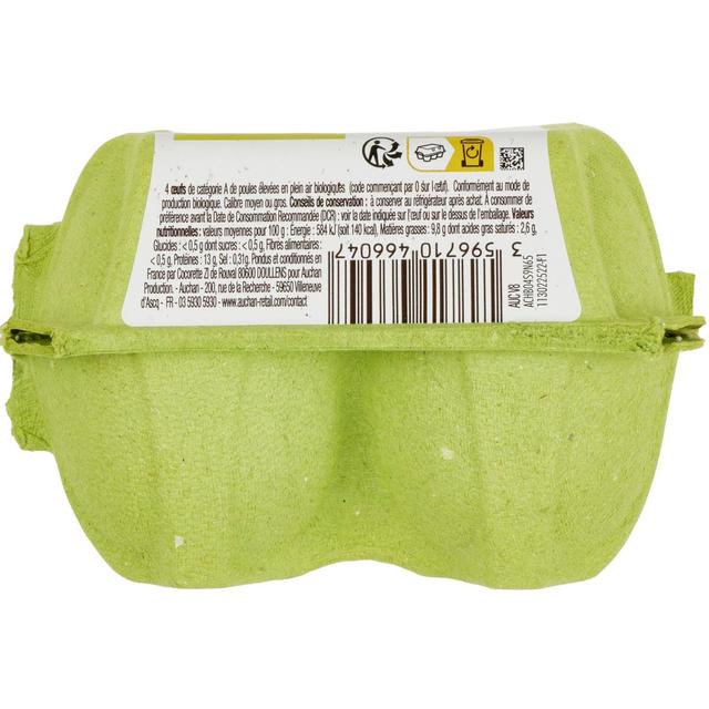 3596710466047 - Auchan Solidaires Bio - Oeufs de poules Bio élevées en plein air, calibre moyen, gros