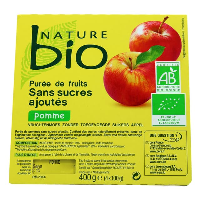 3257983720549 - Nature Bio - Purée de pomme bio sans sucres ajoutés