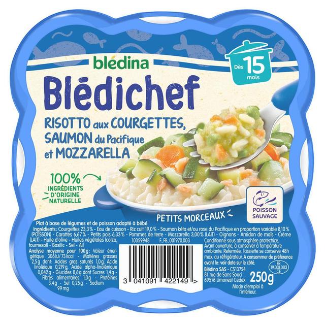 3041091422149 - Blédina - Blédi'chef - Risotto aux Courgettes Saumon du Pacifique et Mozzarella Assiette Bébé Dès 15 mois