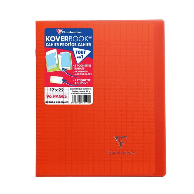 3037929514049 - Clairefontaine - Cahier Kover Book 17 x 22 cm grands carreaux rouge translucide