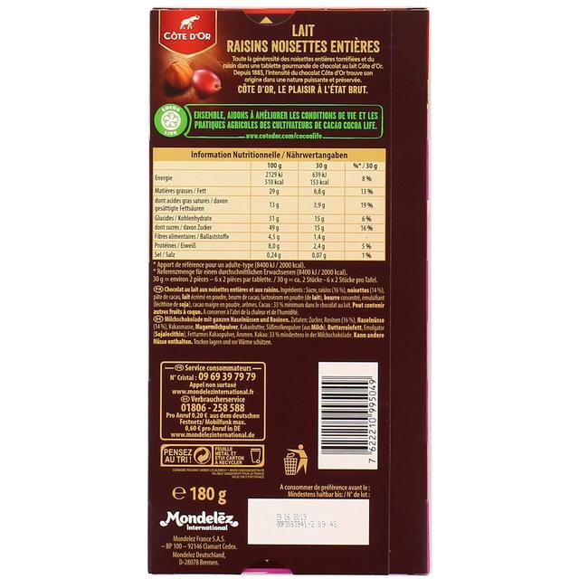 7622210995049 - Côte d'Or - Chocolat lait raisins & noisettes entières