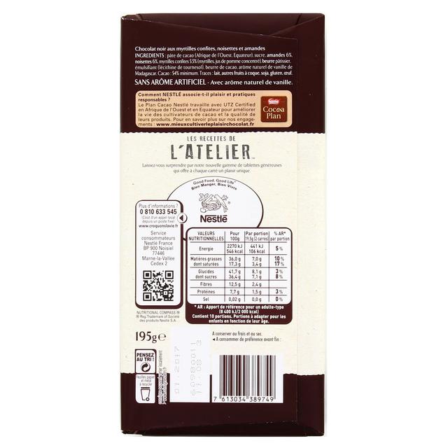 7613034389749 - Les Recettes de l'Atelier - Chocolat noir myrtilles amandes et noisettes