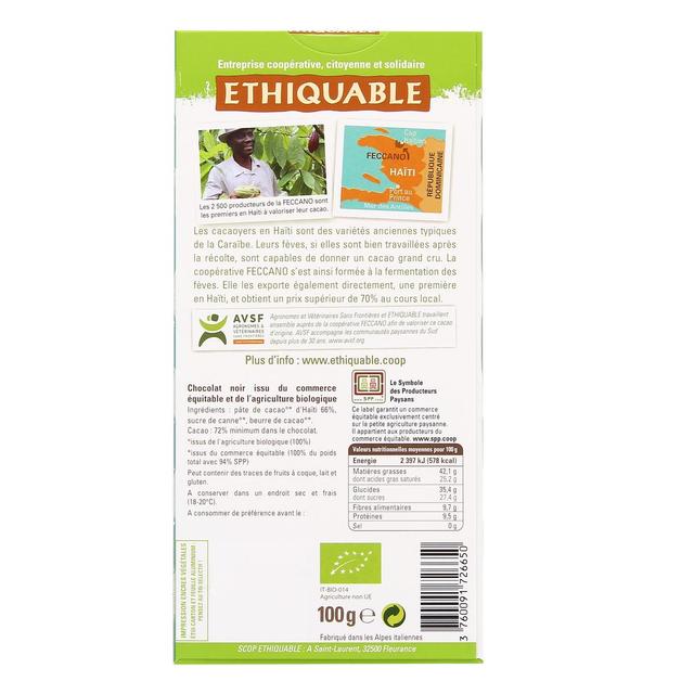 3760091726650 - Ethiquable - Commerce Equitable - Chocolat Noir 72% cacao Bio de Haiti