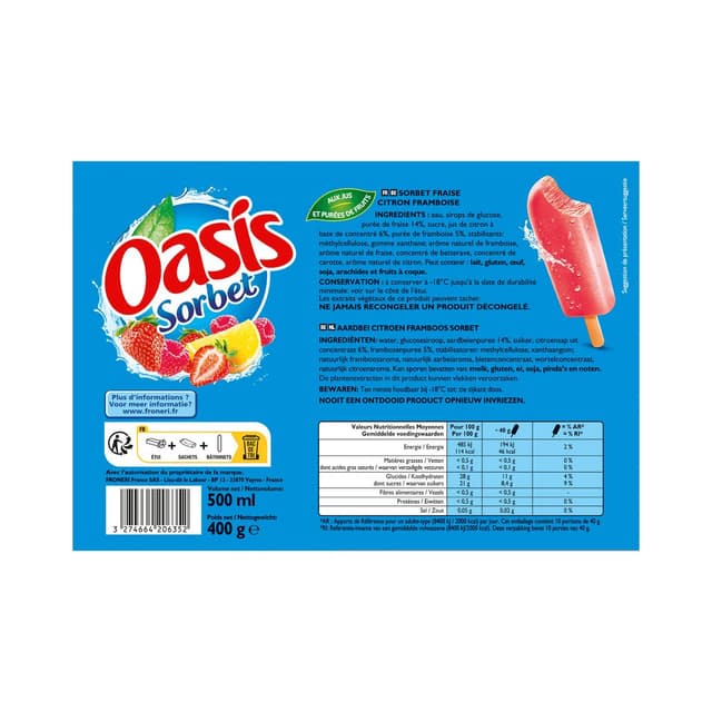 3274664206352 - Oasis - 10 Bâtonnets sorbet fraise citron framboise