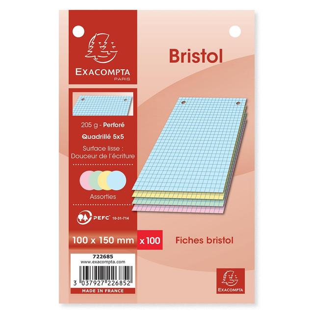3037927226852 - Exacompta - Fiches Bristol 10 x 15 cm petits carreaux couleurs assorties