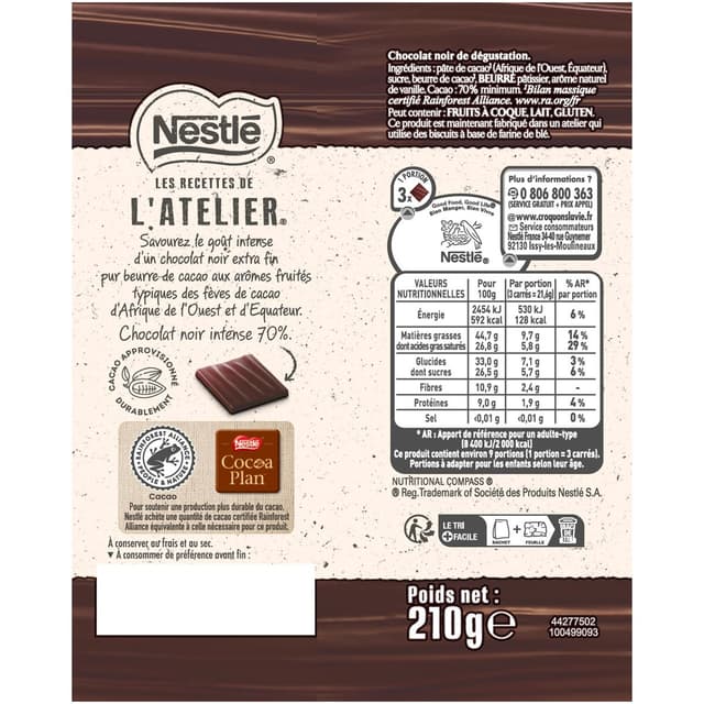 3033710001354 - Nestlé Les Recettes de l'Atelier - Carrés de chocolat noir 70% 
