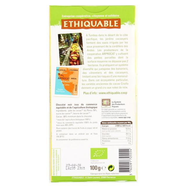 3760091725554 - Ethiquable - Commerce Equitable - Chocolat Noir 88% Cacao Bio du Pérou