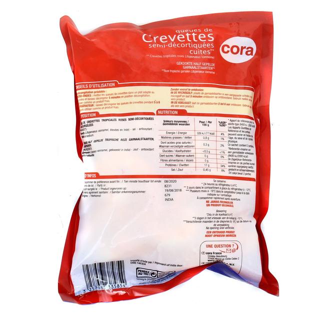 3257983385854 - Cora - Queues de crevettes tropicales roses semi-décortiquées cuites
