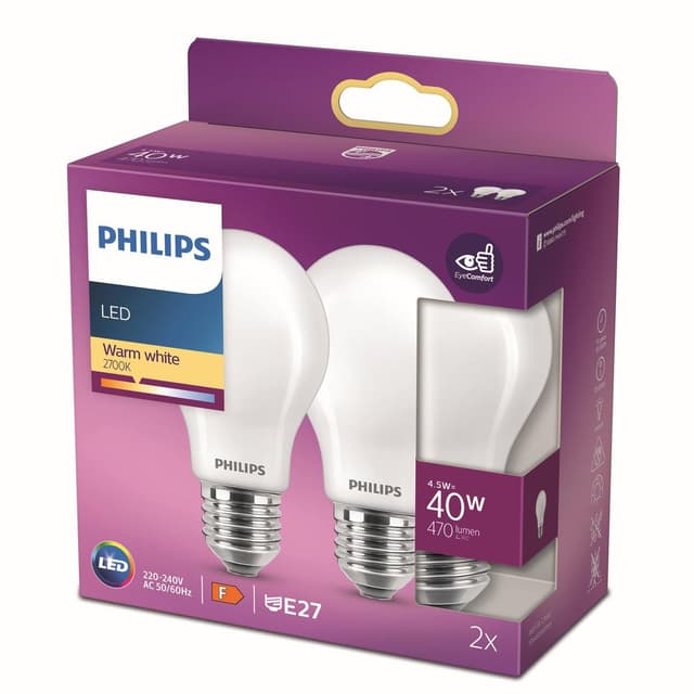 8718699777654 - Philips - 2 Ampoules E27 - 4,5W  Blanc Chaud dépolie