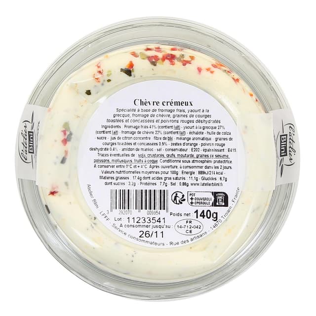 3292070009954 - Atelier Blini - Tartinable Chèvre Crémeux, Graines de Courges & Poivrons Rouges