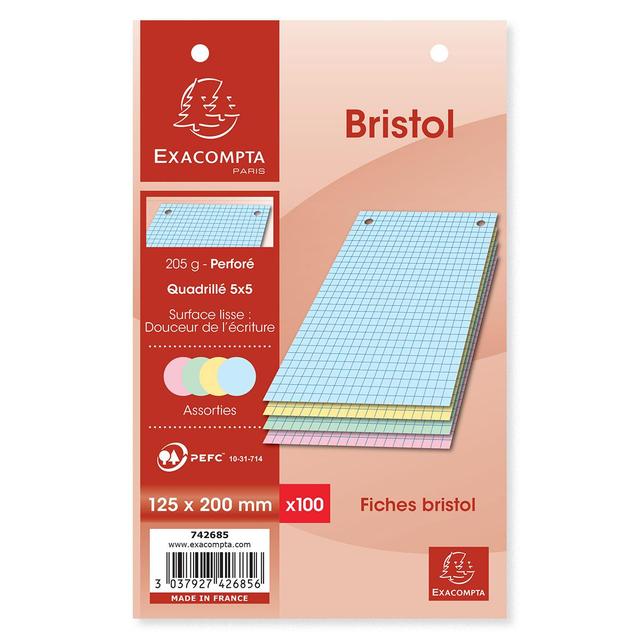 3037927426856 - Exacompta - Fiches Bristol 12,5 x 20 cm couleurs assorties petits carreaux
